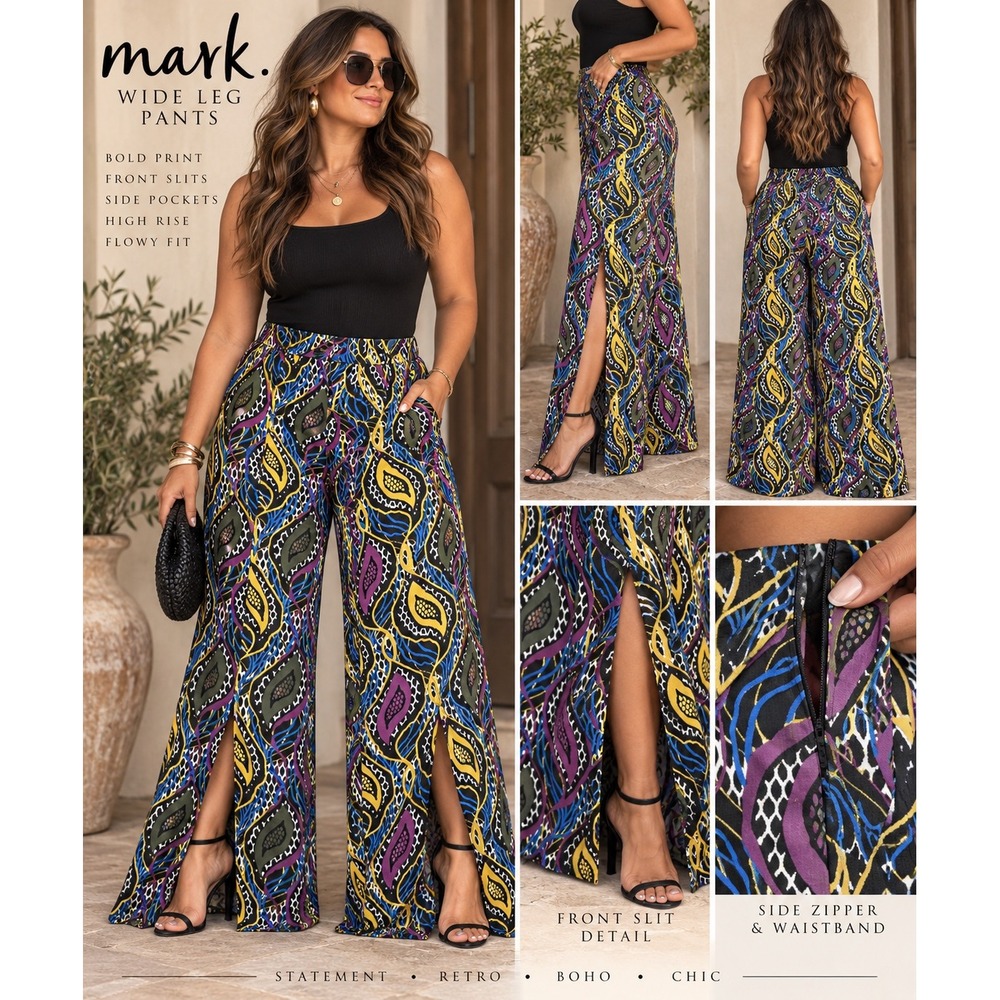 Mark. Avon Women Yellow Purple Abstract Print Wide Leg Pants Size Medium